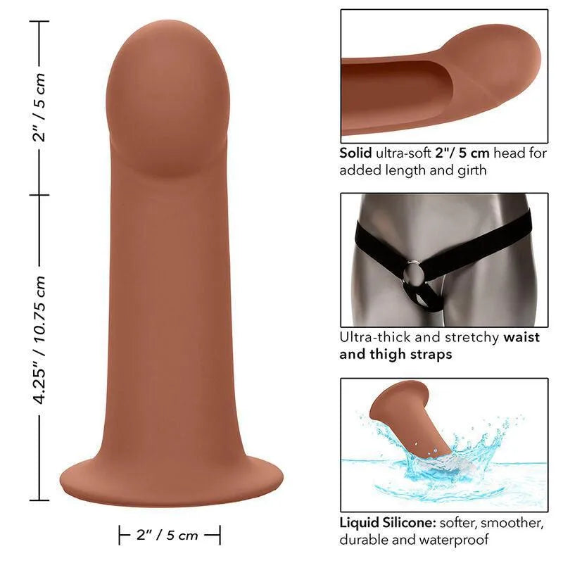 Harnais extension silicone liquide marron, base large, sangles ajustables épaisses, imperméable, sans phtalates.