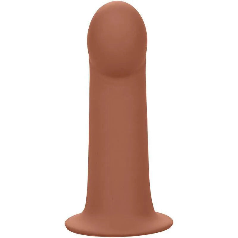 Harnais extension silicone liquide marron, base large, surface lisse, sans phtalates, sangles ajustables ultra épaisses.