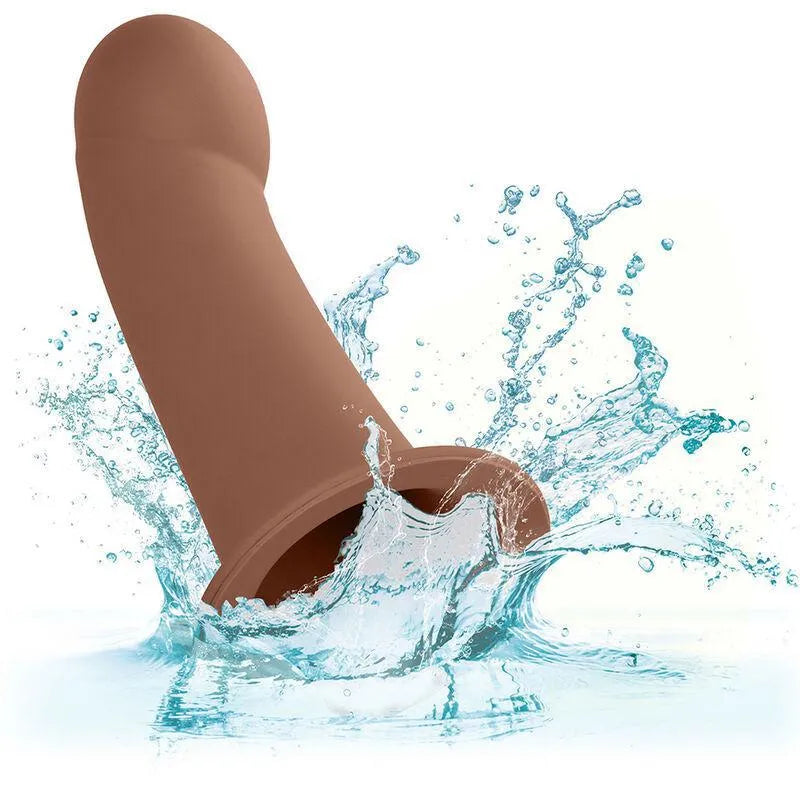 Harnais extension silicone liquide marron, base large, sans phtalates, imperméable, sangles ajustables ultra épaisses.