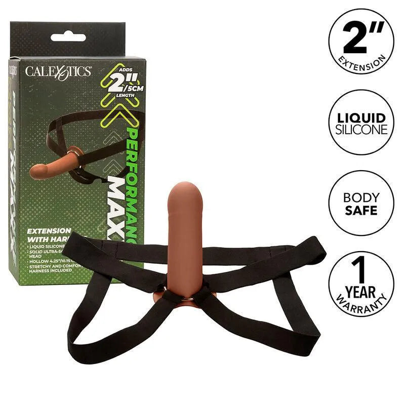 Harnais extension silicone liquide marron, base large, sangles noires ajustables, emballage vert, sans phtalates.
