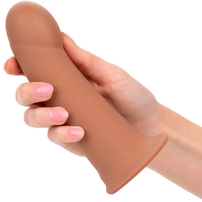 Harnais extension silicone liquide marron, base large, doux, ajustable, sans phtalates, pour confort et sécurité.