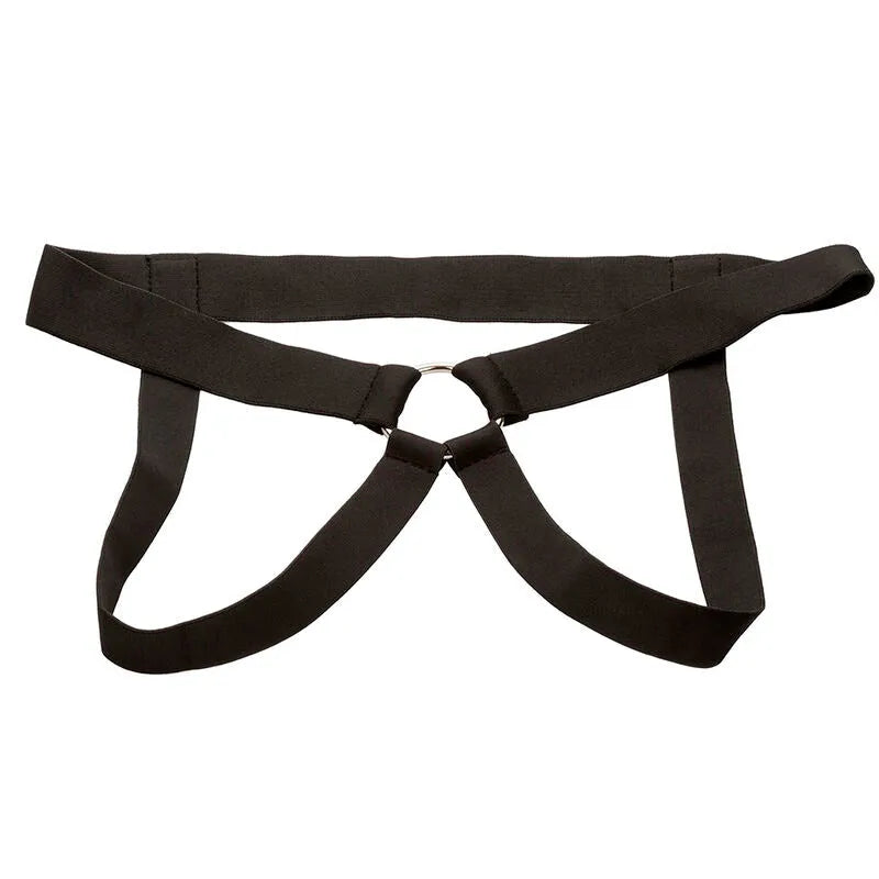 Harnais noir en silicone liquide sans phtalates, base large, sangle élastique épaisse, extension 5 cm, imperméable.