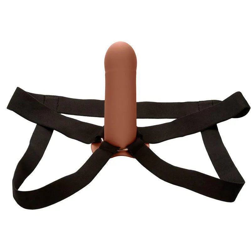 Harnais extension silicone liquide brun, sangles noires ajustables, base large, design doux et durable sans phtalates.