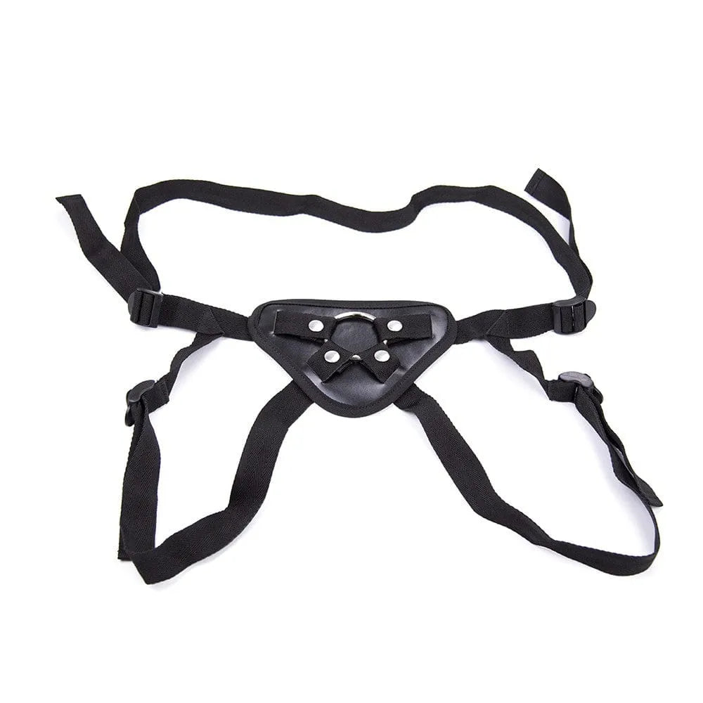 Harnais gode noir en cuir et PVC, ceinture réglable, anneaux interchangeables, design ergonomique, maintien sécurisé.