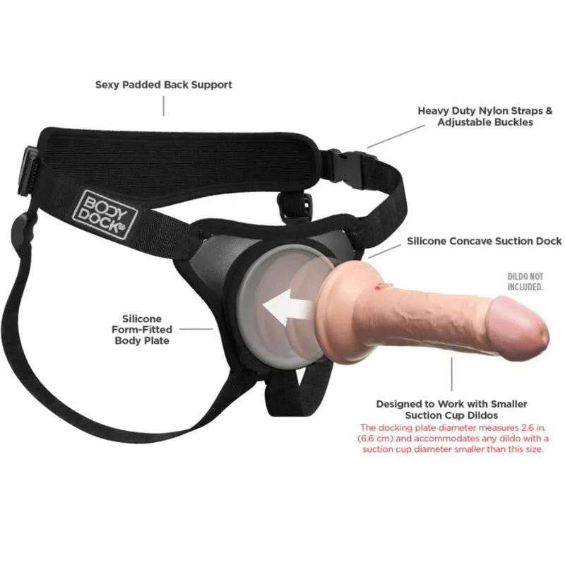Harnais gode-ceinture noir silicone ajustable, plaque amarrage concave, sangles nylon réglables, support dorsal rembourré.