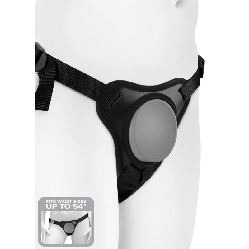 Harnais gode-ceinture noir en silicone ajustable, sans bagues, avec sangles nylon et support dorsal rembourré.