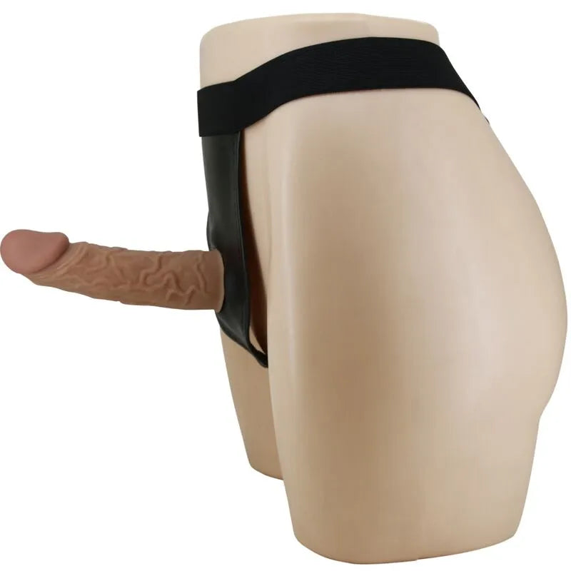Harnais gode ceinture silicone marron marbré, tige douce, ajustable, élastique, confortable, stimulation pénétration.