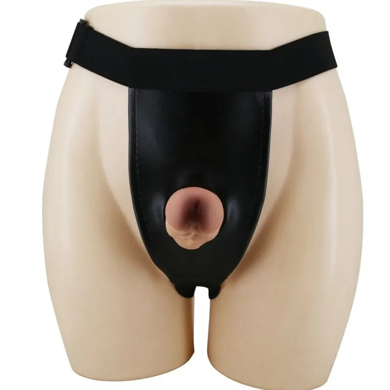 Harnais gode ceinture silicone marron marbrée, tige douce, ajustable, élastique, confortable, stimulation pénétration.