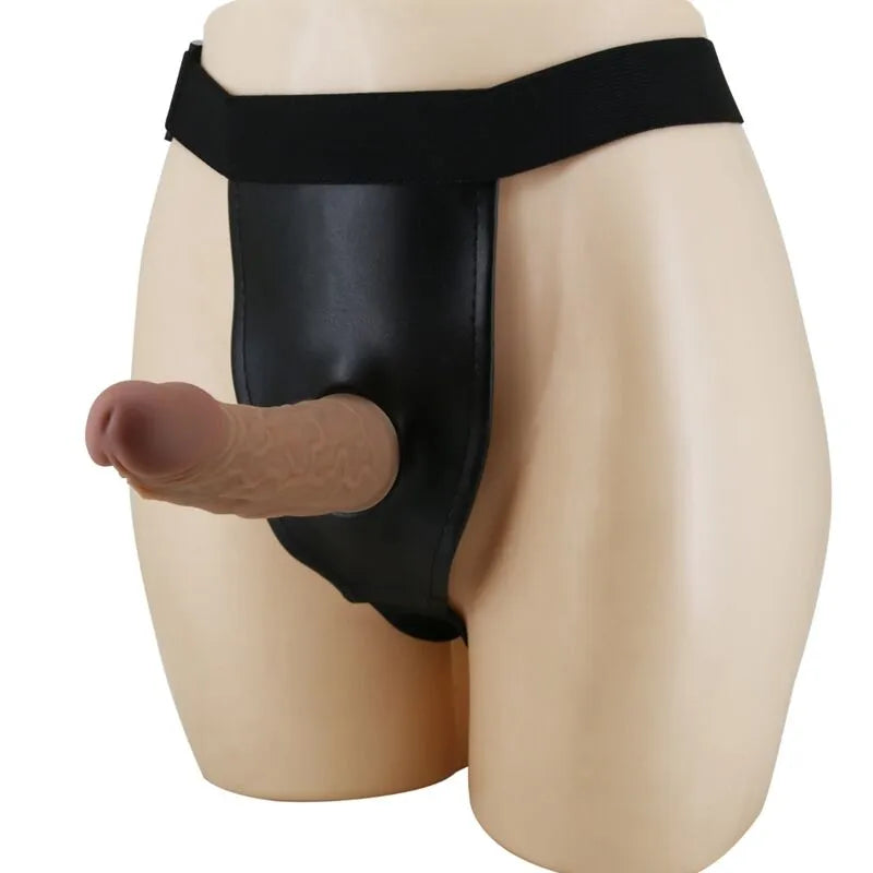 Harnais gode ceinture silicone marron marbrée, tête douce, élastique ajustable, stimulation pénétration, imperméable.