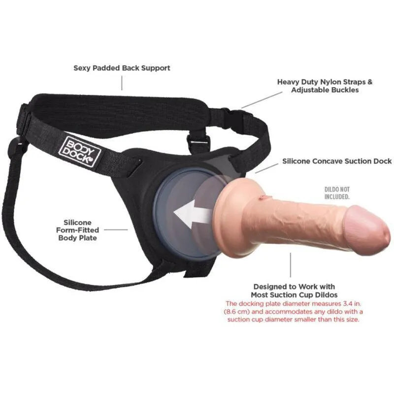 Harnais gode-ceinture noir en silicone, sans anneaux, avec ventouse, sangles réglables et rembourrage dorsal ergonomique.