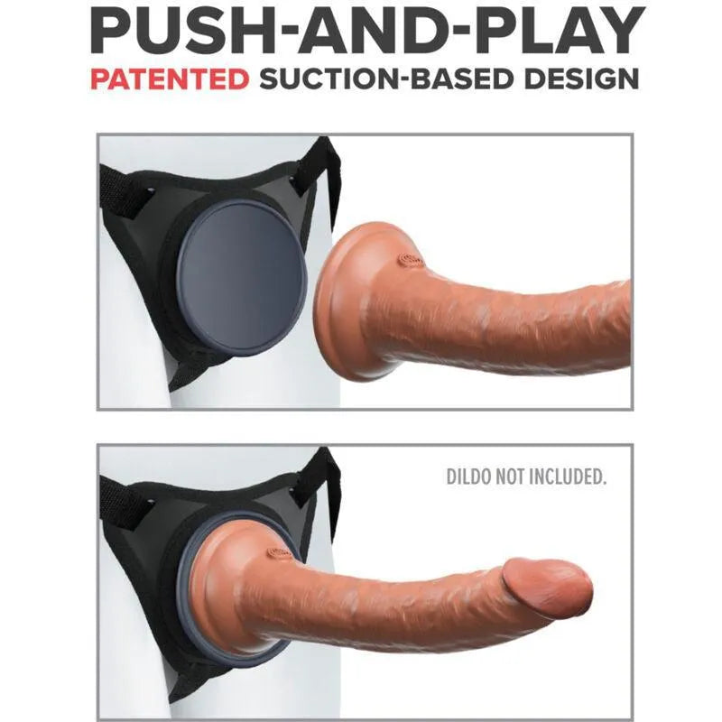 Harnais gode-ceinture silicone noir, fixation ventouse, sans anneaux, sangles ajustables, design ergonomique et confortable.
