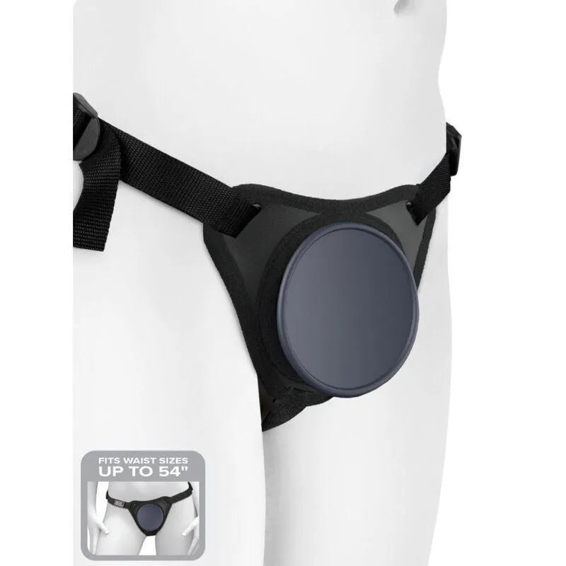 Harnais gode-ceinture noir en silicone, sans anneaux, avec ventouse, sangles réglables en nylon, design ergonomique.