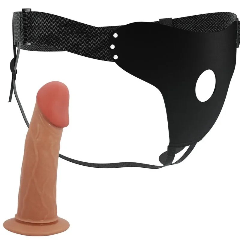 Harnais noir avec gode creux beige veiné, gland doux, bretelles réglables, stimulation intense, TPR imperméable.