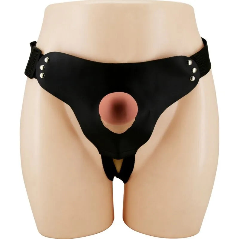 Harnais noir avec gode creux rose, tige veinée, bretelles réglables, stimulation optimale, confort morphologique.