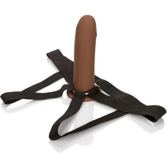 Harnais gode creux en silicone marron, élastique et ajustable, avec extension de 9 cm, anneau acier inoxydable, lavable.