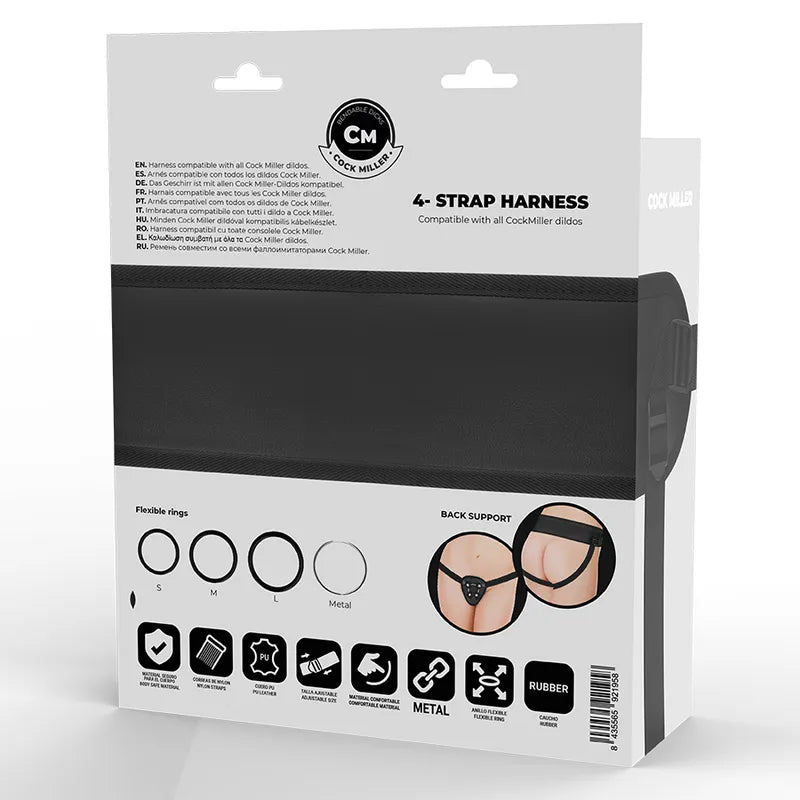 Gode silicone double densité articulable avec harnais similicuir noir, sangles réglables, ventouse puissante.