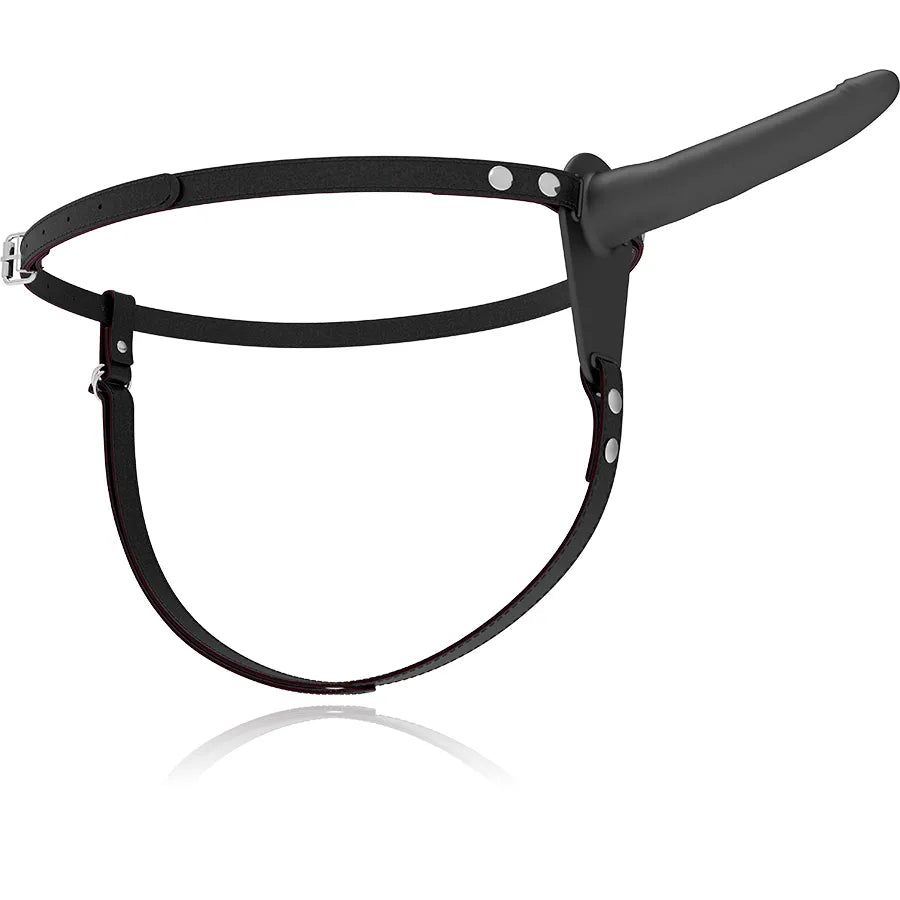 Harnais godemichet noir en silicone doux, ceinture élastique ajustable, design conique pour débutantes, facile à nettoyer.