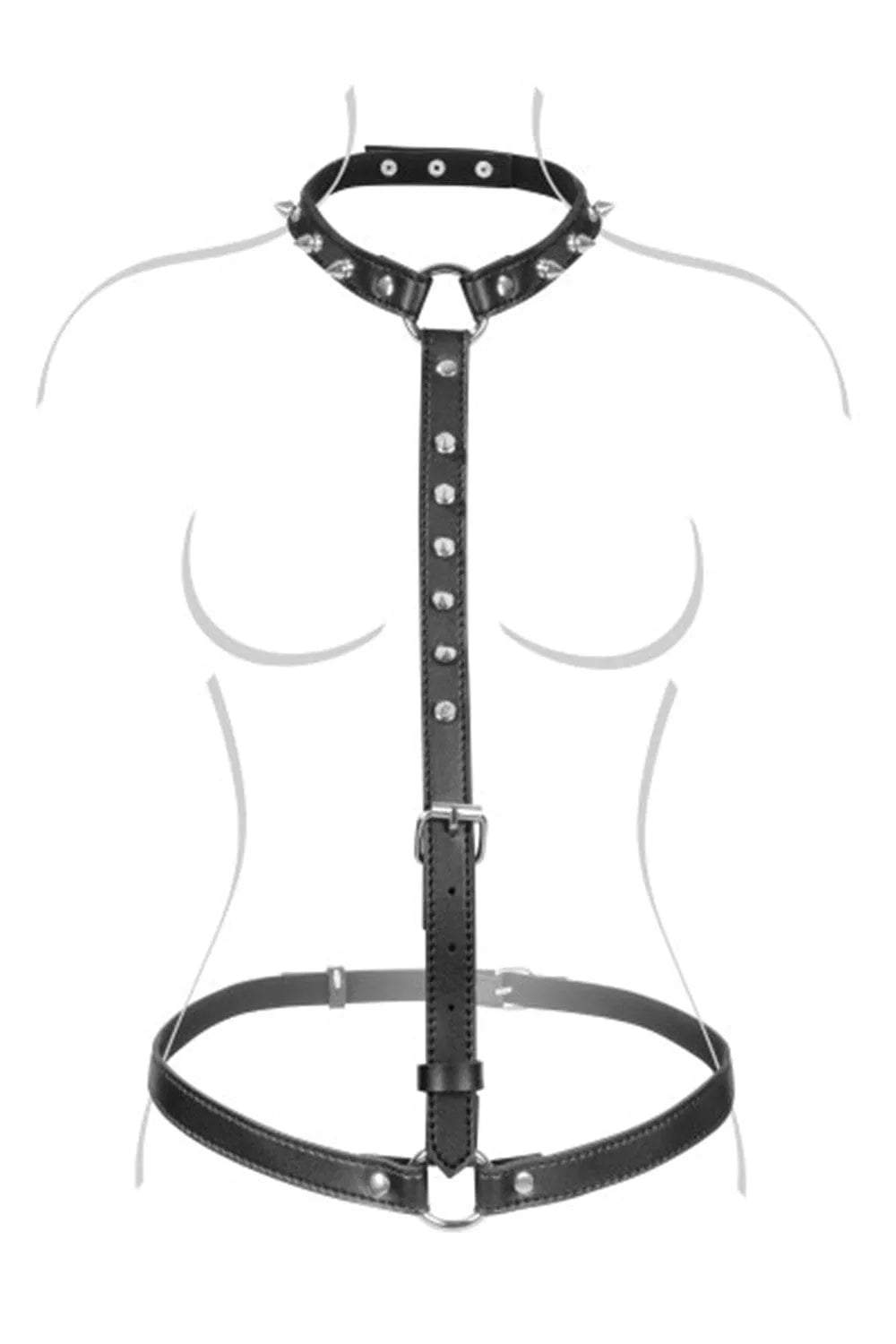 Harnais BDSM homme en simili cuir noir, col et buste réglables, détails en alliage de zinc, design élégant et robuste.