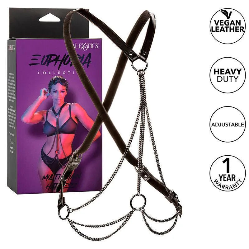 Harnais multi chaînes cuir végétalien chic dos nageur design velours bouclerie sécurisée rembourrage renforcé coutures doubles accents métalliques hypoallergénique ajustable