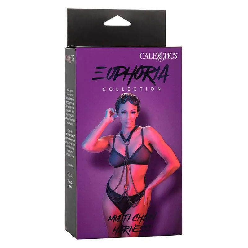 Harnais multi chaînes en cuir végétalien noir avec design dos nageur, doublure velours, accents métalliques et ajustable.