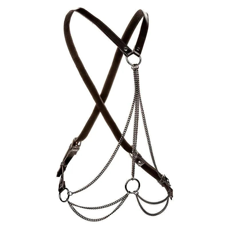 Harnais noir grande taille, chaînes métalliques, cuir végétalien, boucles sécurisées, design luxe et avant-gardiste.
