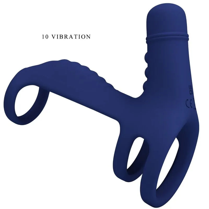 Harnais pénien vibrant bleu en silicone, 10 modes, forme ergonomique, anneaux pour érection, stimulation intense.