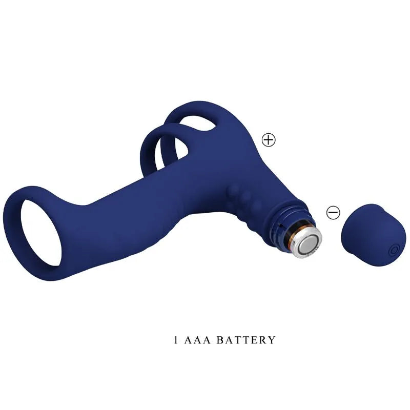 Harnais pénien vibrant bleu en silicone, forme ergonomique, 10 modes de vibration, anneau élastique, batterie AAA.