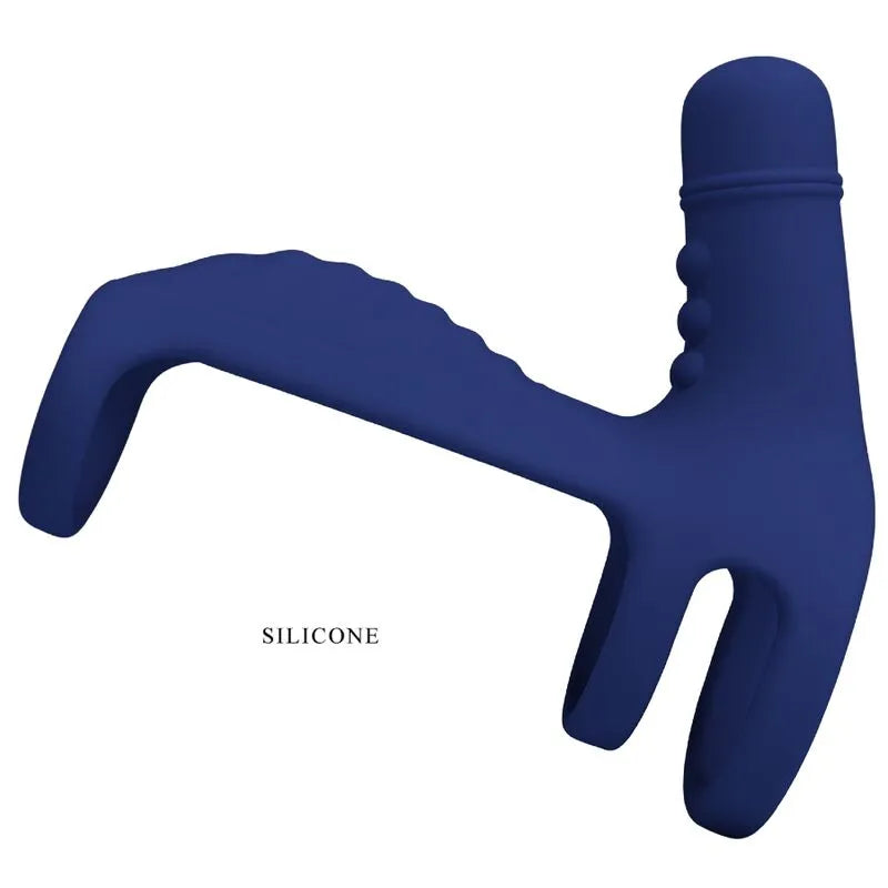 Harnais pénien vibrant bleu en silicone, forme ergonomique, 10 modes de vibration, confort et performance pour couples.