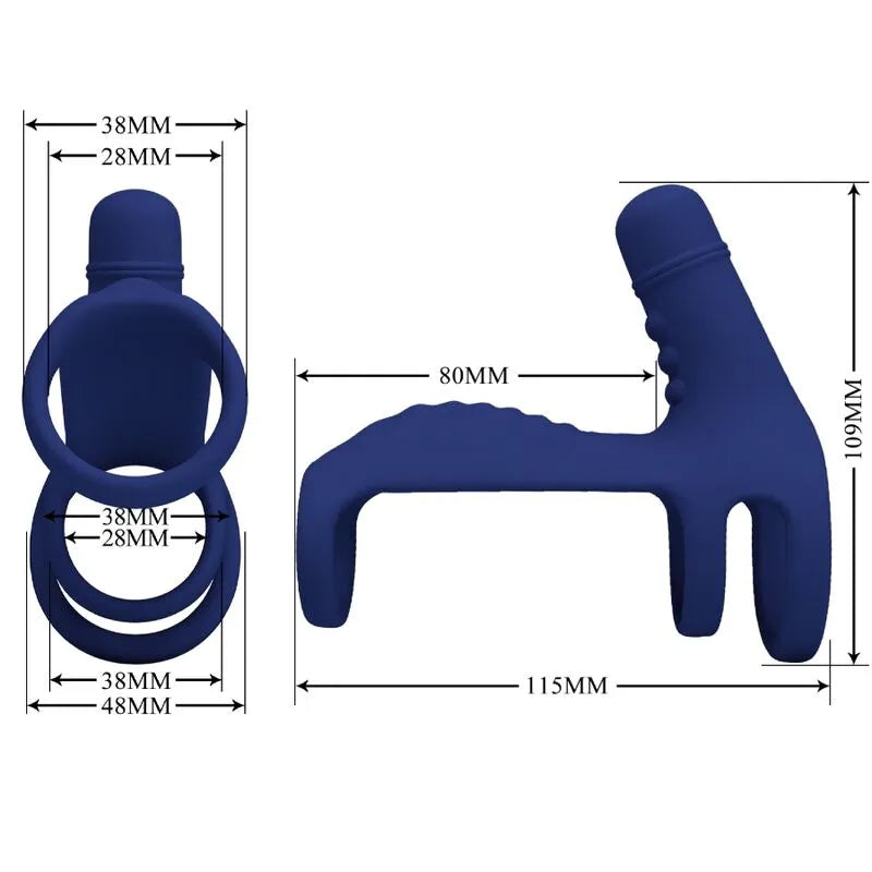 Harnais pénien vibrant bleu en silicone, forme ergonomique, 10 modes de vibration, confort et stimulation optimisés.