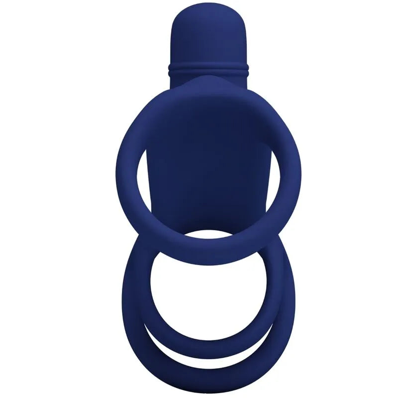 Harnais pénien vibrant bleu en silicone, double anneau, 10 modes de vibration, design ergonomique pour plaisir maximal.