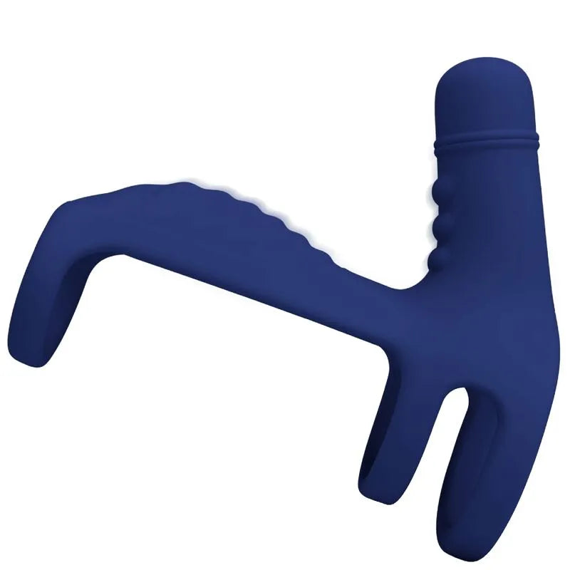 Harnais pénien vibrant bleu en silicone, forme ergonomique, 10 modes de vibration, confort et performance pour couples.