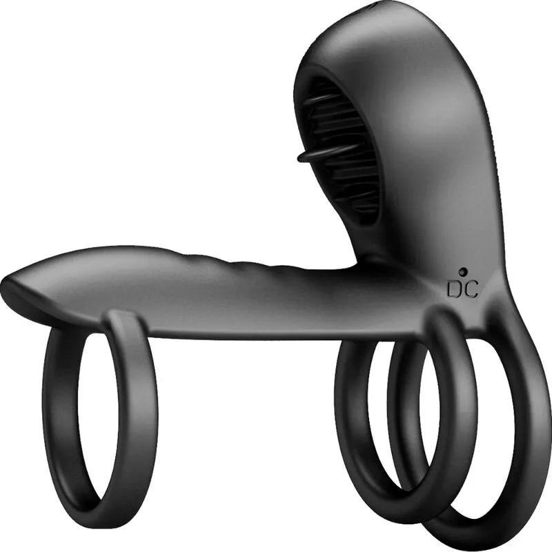 Harnais pénien vibrant noir en silicone, triple anneau, stimulateur clitoridien, 12 modes, ergonomique et rechargeable.