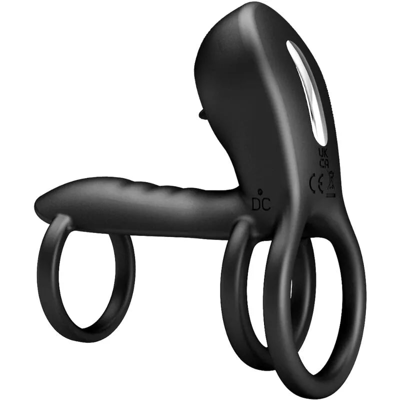 Harnais pénien vibrant noir en silicone, triple anneau, stimulateur clitoridien, 12 modes, ergonomique et rechargeable.