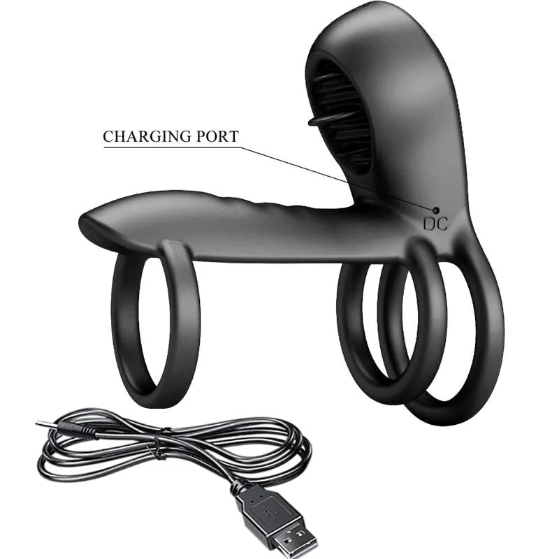 Harnais pénien vibrant noir en silicone, triple anneau, stimulateur clitoridien, 12 modes, rechargeable, câble USB inclus.