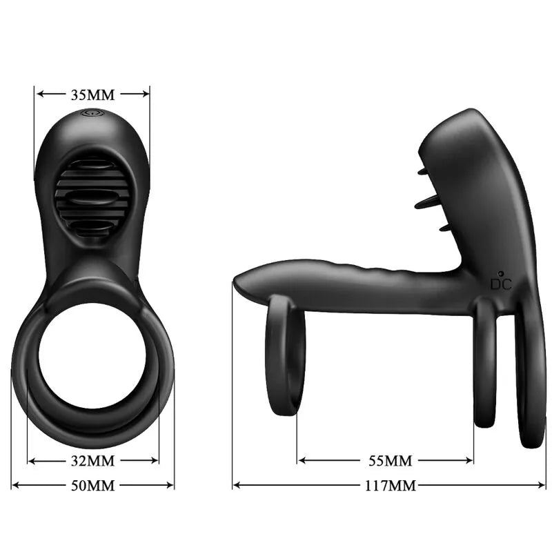 Harnais pénien vibrant noir en silicone, triple anneau, stimulateur clitoridien, 12 modes, ergonomique et rechargeable.