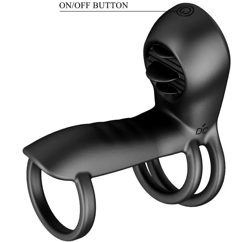 Harnais pénien vibrant noir en silicone, triple anneau, stimulateur clitoridien, 12 modes, rechargeable, ergonomique.