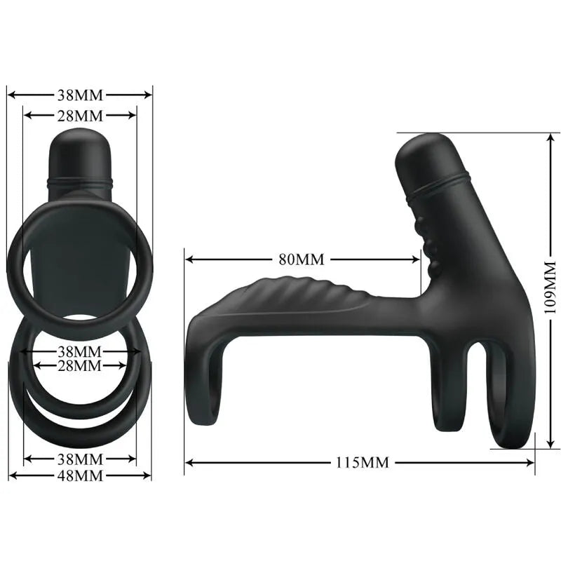 Harnais pénien vibrant noir en silicone, design ergonomique, avec anneaux et gaine, pour stimulation clitoridienne.