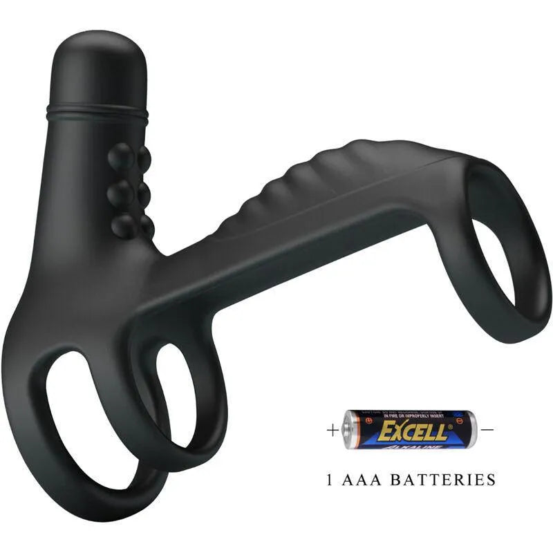 Harnais pénien vibrant silicone noir, ergonomique, avec anneaux et gaine, dix modes vibration, stimulation clitoridienne.