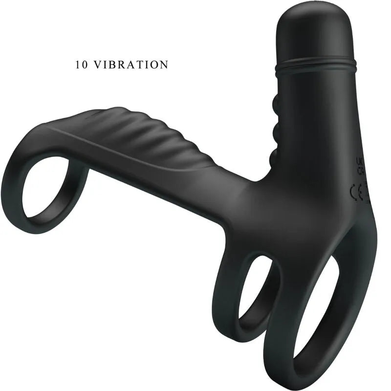 Harnais pénien vibrant noir en silicone, design ergonomique, stimulation clitoridienne, 10 modes de vibration.