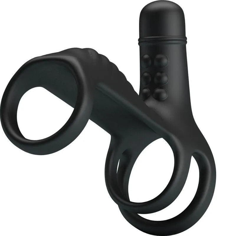 Harnais pénien vibrant noir en silicone, ergonomique, avec anneaux et stimulateur clitoridien à dix modes de vibration.