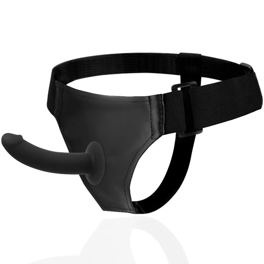 Harnais pénis réaliste noir rotatif en néoprène vegan, design ergonomique ajustable, système clic breveté.