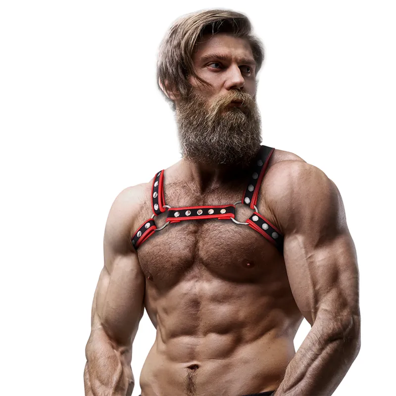 Homme portant harnais poitrine cuir végétalien rouge ajustable, élégant et moderne, mettant en valeur la silhouette musclée.