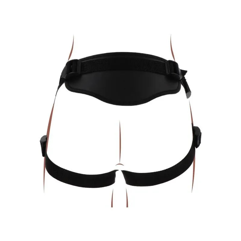 Harnais noir avec coussin avant rembourré, bretelles ajustables et anneaux en silicone pour gode, vue arrière.