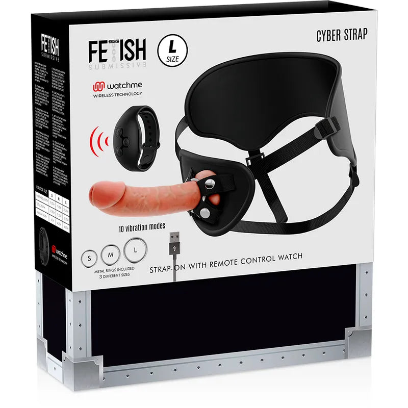 Harnais réaliste en silicone liquide noir et rose, avec télécommande montre connectée, vibrations ajustables, taille L.