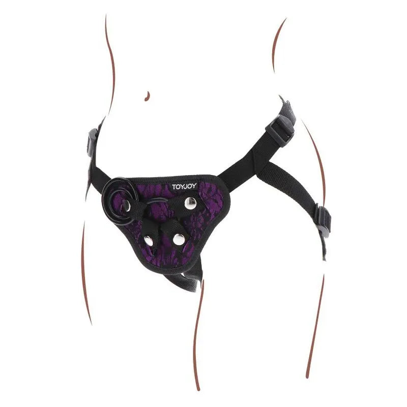 Harnais réglable noir et violet avec bretelles ajustables et anneaux silicone, conçu pour le confort et les jeux de rôle i...