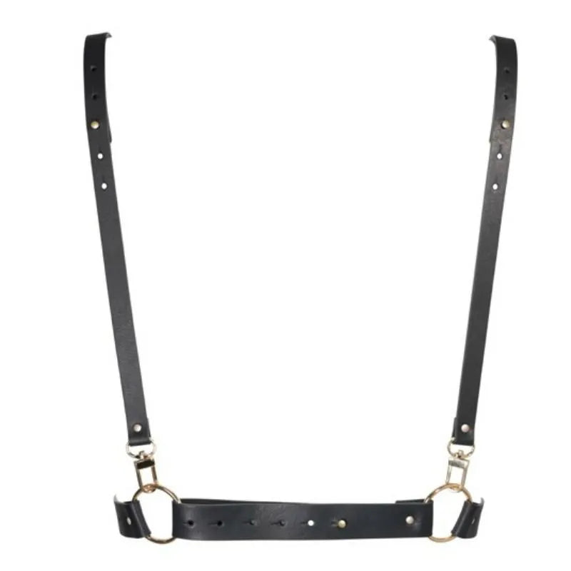 Harnais BDSM vegan noir ajustable, sangles en polyuréthane recyclé, boucles dorées, mode éthique et sensuelle.