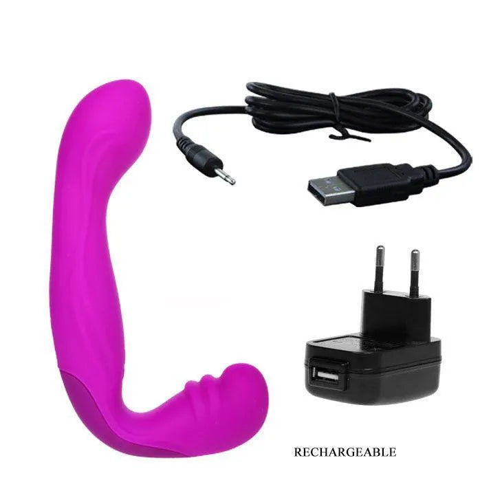 Harnais sans sangle violet en silicone médical, trois moteurs, câble USB et chargeur, 30 vibrations, ergonomique.