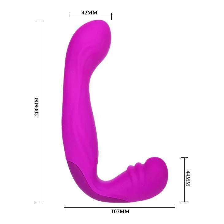 Harnais sans sangle violet en silicone médical, forme ergonomique, 3 moteurs, 30 vibrations, dimensions indiquées.