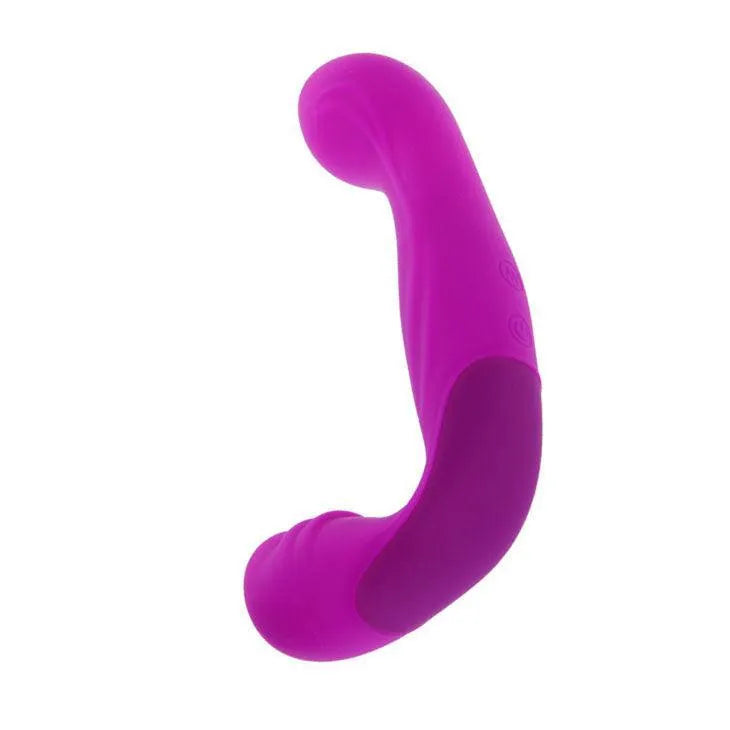 Harnais silicone violet ergonomique, trois moteurs, 30 vibrations, design courbé pour stimulation précise, étanche.