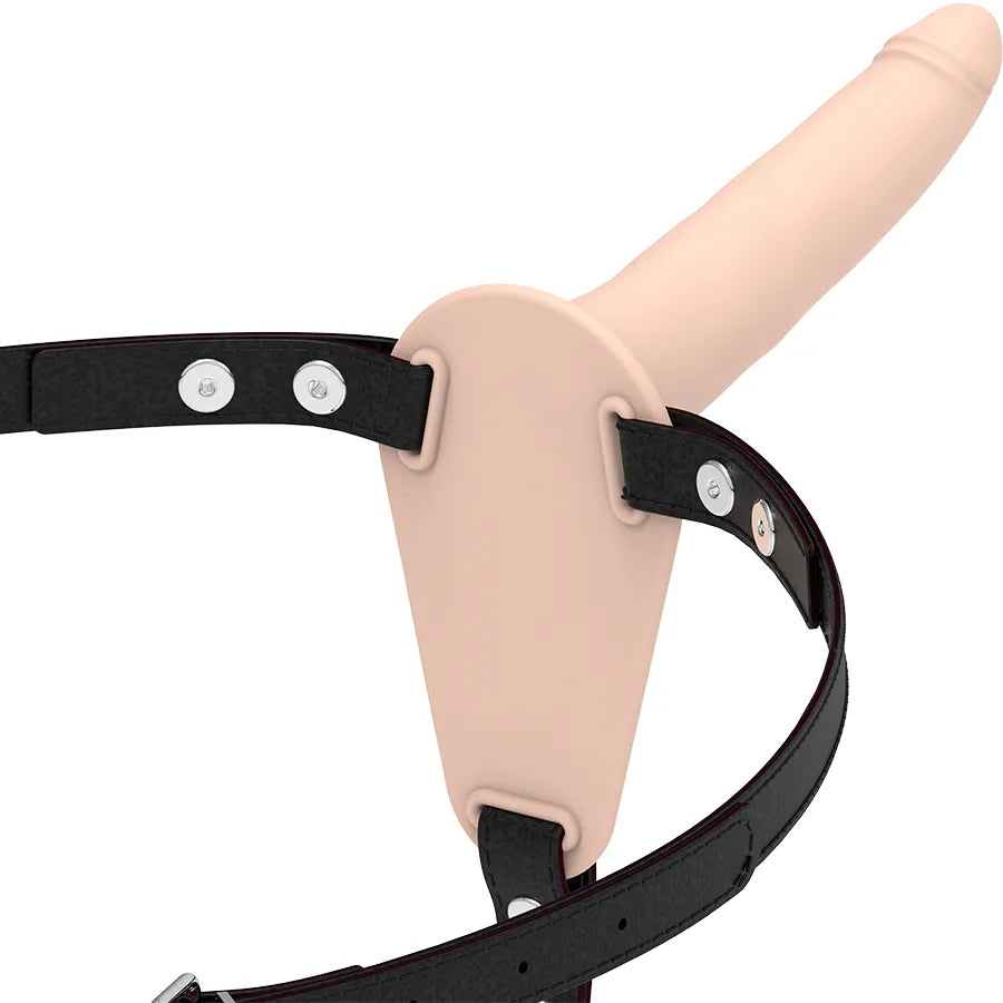 Harnais strap-on silicone doux beige, ceinture noire ajustable, forme conique 15 cm, idéal débutants, confort hypoallergén...